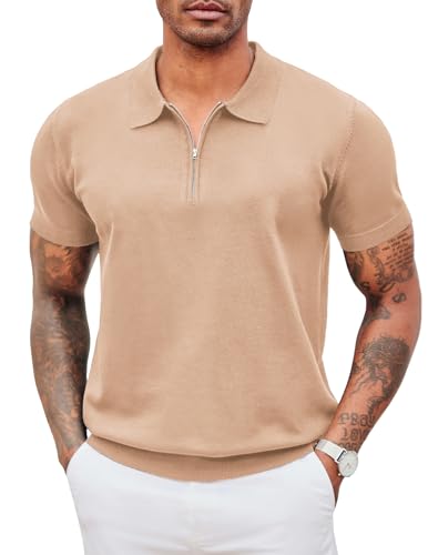 Coofandy Polo de Punto para Hombre, Manga Corta, con Cremallera de un Cuarto, Cuello Casual, Estilo Retro, Camisa de Golf clásica, Sólido, marrón Claro, X-Large