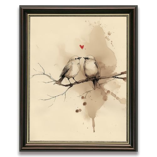Brown Frame Love Birds Wall Art, Minimalist Bird Couple Canvas