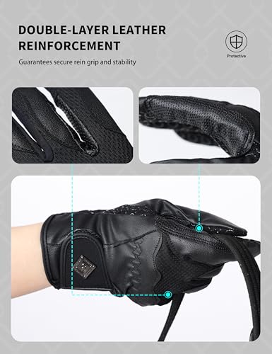 GemRebel Riding Gloves Equestrian Women All-Season Horse Riding Gloves with Non-Slip Silicone Palm Adds Rein Control Black L