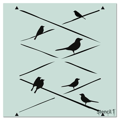 Stencil1 Birds on Wire Repeat Wallpaper Pattern Stencil - Quality Mylar Stencils for Painting Walls, Fabric, Furniture, Crafts, Decor - Allover Effects - 11" x 11”