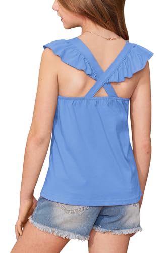 Image of BesserBay Girls Criss Cross Back Flutter Sleeve Crew Neck Tank Tops Back Elastic Lightweight Solid Blouse 5-14 Years