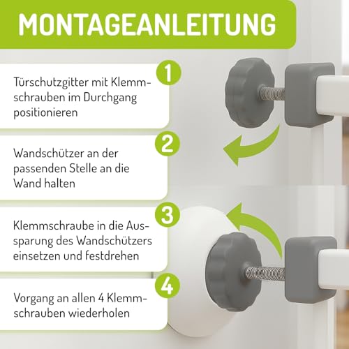 BOMI Elefantenfüße 4er Set rund, Weiß I Wandschutzpads für Treppenschutzgitter ohne Bohren & Türschutzgitter I Antirutsch-Funktion I Wandpads zum Klemmen I Hochwertiges Zubehör für Kinderschutzgitter