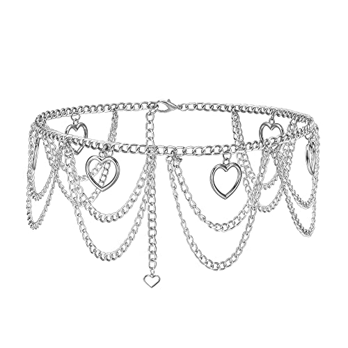 Ayliss Women Metal Chain Waist Belt Multilayer Dress Belt With Heart Shape Antique Silver Coin Pendant Belly Dance Gift