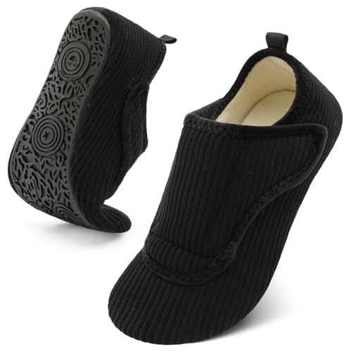 BARERUN Womens Mens Slippers Wide House Diabetic Shoes Adjustable Buckles Bedroom Socks Slippers for Elderly Women With Bunions Swollen Feet Black 10.5-11 Women 9-9.5 Men