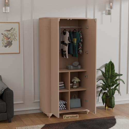 Image of 2 Door Wardrobe Almirah for Bedroom, 72 Inch | Premium HDHMR Wooden Cupboard with Hanging Rod & Storage Compartments | Fluted Push-to-Open Clothes Organizer Cabinet | Taupe Finish