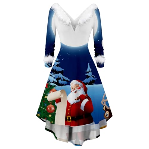 Vestido de Navidad para mujer, cuello estampado, tema de Navidad, manga larga, vestido elegante fluido para fiesta, atuendo informal y elegante, para fiesta de Navidad, vestido de fiesta para mujer