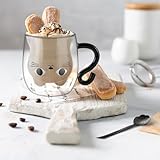 ecooe ダブルウォールグラス かわいい 280ml ブラックキャット ダブルウォールカップ 結露しない猫二重グラスコップ ホウケイ酸塩耐熱 ガラスコップ おしゃれ 軽量で快適 ガラス マグカップ 可愛い 取っ手付き コーヒー お茶 ホットドリンク コールドドリン