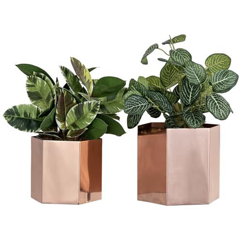 MyGift Handcrafted Metallic Shiny Copper Tone Metal Indoor Plant Vase Pot with Hexagon Shape Decorative Succulent Cactus Planter Container 2 Piece Set - Handmade in India