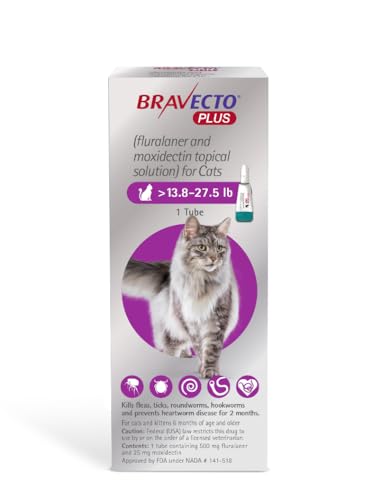 BRAVECTO PLUS Topical Solution for Cats, Flea, Tick & Heartworm, 2 Months Supply, 13.8-27.5 lbs., Purple Box
