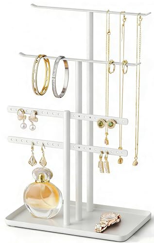 Schmuck Organizers Schmuckständer 32cm Groß 4 Ebenen Robust Schmuckaufbewahrung Reise Schmuckschrank Organizer für Halskette Armband Parfüm und Ohrringe Deko Aesthetic Accessoires Weiß