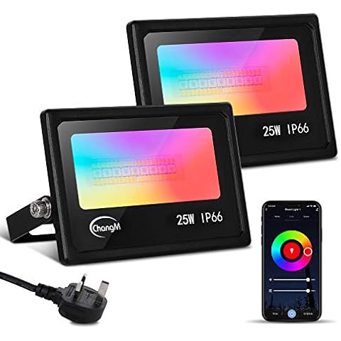 LED Flood Lights Outdoor, 25W RGB Smart WiFi Floodlight APP/Voice Control, Colour Changing RGB 16 Million Colours - Music Sync for Alexa Google Home IP66 UK 3-Plug 2 Pack Cover