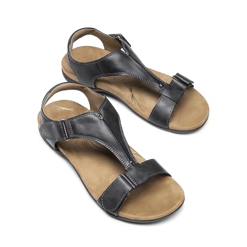 DREAM PAIRS Womens Sandals Arch Support T-Strap Orthopedic Flat Sandals Comfortable Summer Shoes,Size 8.5,Grey,DWUMFS2508