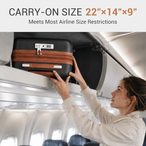 Image of Kono Carry On Luggage Sets 2 Piece, 20 Inch Expandable Hardshell Suitcase | 22x14x9 Airline Approved with Toiletry Bag, Lightweight PC+ABS, Spinner Wheels, TSA Lock, for 1-3 Days Trips, Black & Brown