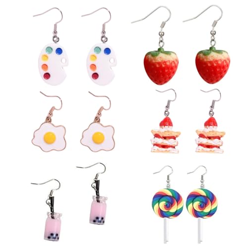 6 pares de pendientes divertidos y lindos de resina para mujeres