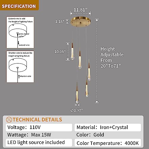 Waluin 5-Light Led Chandelier Modern Pendant Light Raindrop, Crystal Pendant Light Fixtures, Gold Pendant Lighting For Kitchen Island Foyer Hallway Bedroom 4000K Neutral White #TOP3