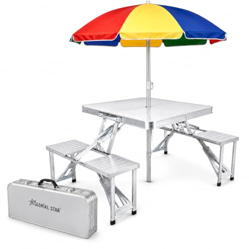 Image of Foldable Picnic Table with Umbrella, Portable 4 Seater Camping Table Set, Aluminum Folding Outdoor Table and Chairs for Picnic, Beach, BBQ, Garden, Patio and Travel