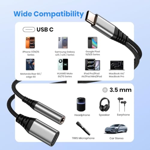 Image of Verilux USB C to 3.5 mm Audio Adapter with 60 W PD Fast Charging 2 in 1 Audio and Charging Converter for Traveling Home and Daily Use