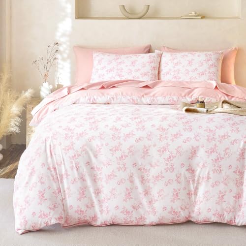 Wake In Cloud - Cottagecore Comforter Set, Floral Vintage Flower Shabby Chic Coquette Aesthetic for Women Teen Girls, Soft Lightweight Dorm Bedding, 3 Pieces, Pink, Queen Size
