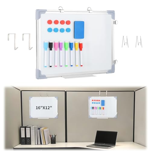 Magnetic Cubicle whiteboard : 16x12 in Cubicle Door Dry Erase Board with Two Categories Hooks for Cubicle Walls with Easy to Install, Portable Hanging White Board for Home Dorm Room Office
