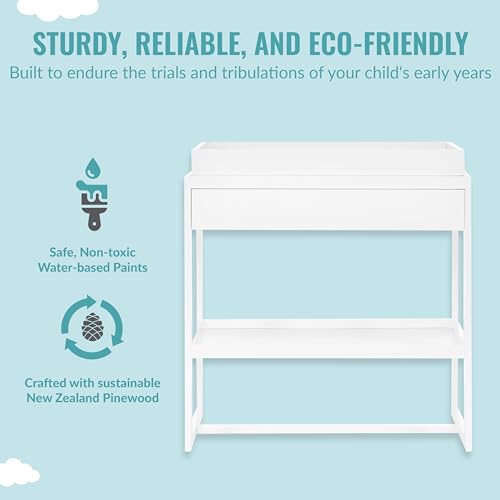 Image of Dream On Me Arlo Changing Table with Pad & Safety Strap - White | Solid New Zealand Pinewood, Non-Toxic Finish, Spacious Fixed Storage Shelf for Diapers, Water-Resistant 1 inch Pad