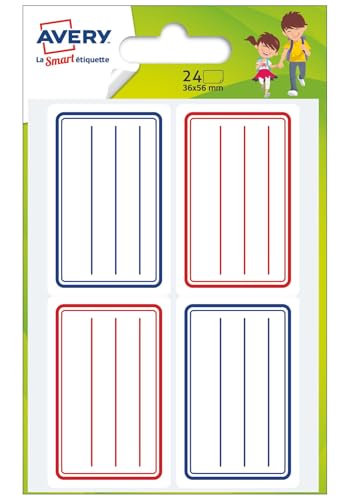 Avery - Sachet De 24 Étiquettes Scolaires Lignées Bleue et Rouge, 36 x 56 mm, Blanc Avec Lignes Bleues et Rouge, Étiquettes Autocollantes Pour Nom, Prénom...