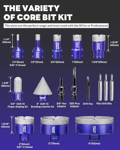 Image of 18 PCS Diamond Hole Saw Kit with Pilot Bit Adapter, 1 /4 inch- 4 inch Thickened Core Drill Bit Set, Includes Tile Shaping Cone & Wide Diamond Saw Blade, for Porcelain, Ceramic, Granite, Marble, Stone