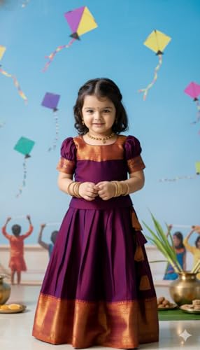 Image of R P CREATION Kids Silk Lehenga Choli Set | Zari Bordered Ghagra Choli | Traditional Ethnic Wear for Weddings, Poojas & Festivals