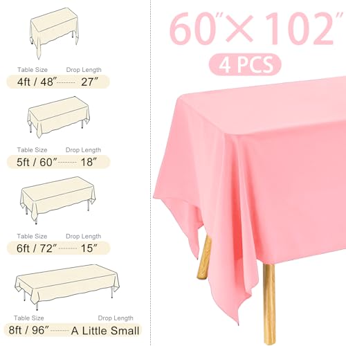 Image of 4 Pack Rectangle Tablecloth 60x102 Inch Pink Washable Polyester Table Cover for Wedding Dining Table Buffet Parties Banquet Decoration(Pink)
