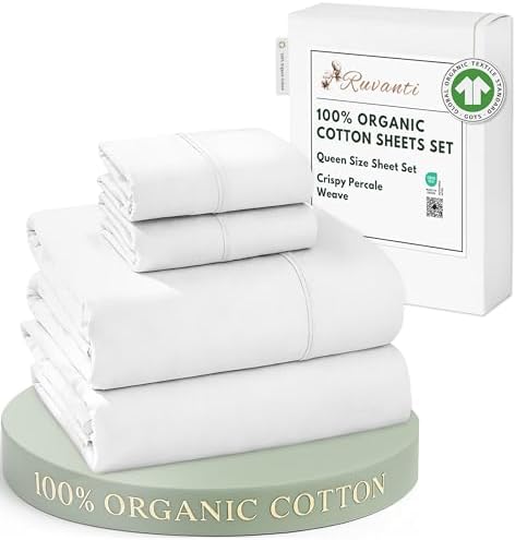 RUVANTI 100% Organic Cotton Sheets Queen Size, Percale Weave, GOT...