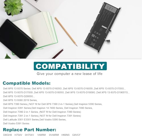 Image of DXGH8 7.6V 52Wh Battery for Dell XPS 13 9370 9380 2019 Inspiron 13 7390 7391 2-in-1 5390 5391 7490 Latitude 3301 E3301 Vostro 5390 5391 0H754V H754V G8VCF G8VCF6C HK6N5 P113G001 P82G P82G001 (DXGH8)