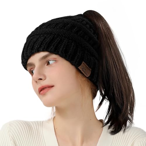 Image of Beanie with Ponytail Hole - Womens Beanie Winter Hat, Ponytail Hat