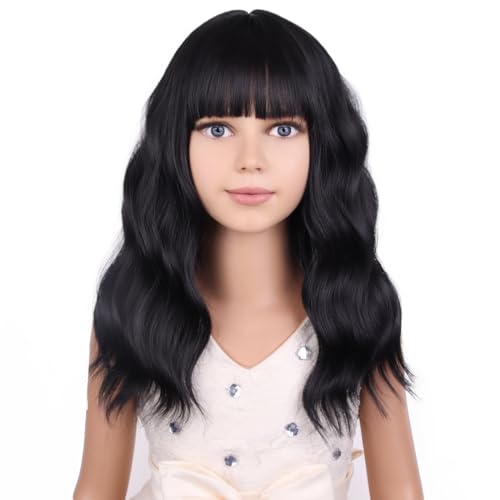 PATTNIUM Black Kids Child Wig Shoulder Length Black Wavy Wigs with Bangs for Gilrs Heat Resistant Synthetic Girls Wig Daily Wear Wigs