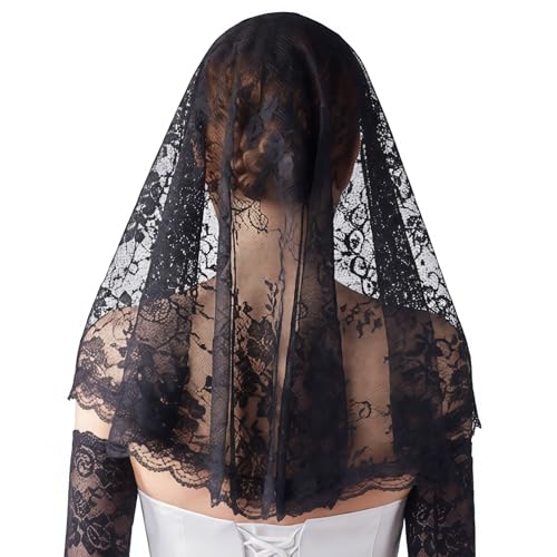 MANJIAMEI Voile Mantilla en Dentelle Florale Voile Catholique d’Église et de Chapelle Couvre-Chef Court Voile Latin pour Messe Fête de Mariage Sainte Communion et Cérémonie Religieuse Noir