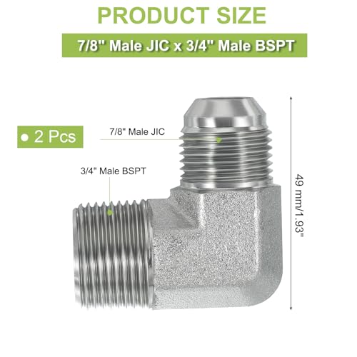 Image of PATIKIL 90 Degree Pipe Adapter, 2 Pcs 7 /8 inch Male 37 Flare JIC x 3 /4 inch BSPT Male Connector Carbon Steel Elbow Fitting for Air Hydraulic Fluid Fuel Water Oil, Silver
