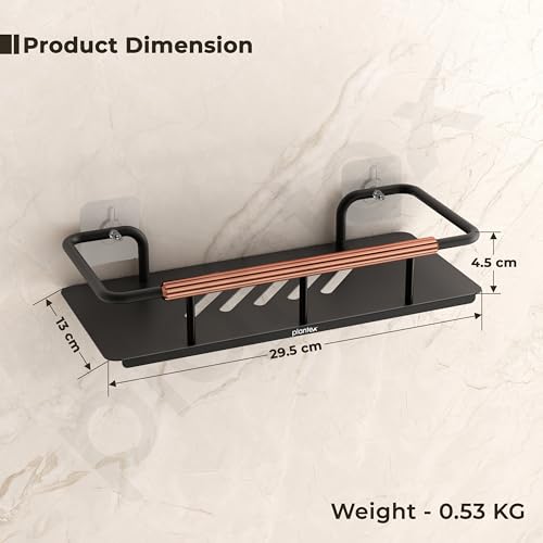 Image of Plantex Self Adhesive Bathroom Shelf /Stainless Steel Bathroom Shelf Rack /Wall Shelf for Bathroom /Bathroom Organiser Without Drill /Bathroom Accessories SetPack of 1 (12x5 inches, Copper & Black)
