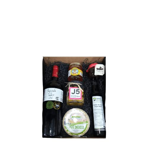 Cesta de Regalo para Empresas con Vino Palacio Quemado, Paté Ibérico Iberitos, Aceitunas Gourmet, Miel Mil Flores – Corazón Extremeño