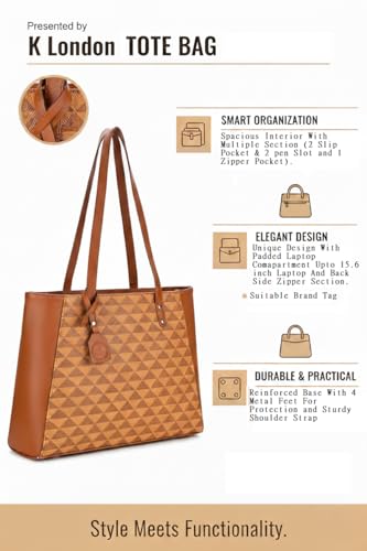 Image of K London Stylish Women's Office Bag - Vegan Leather Laptop Tote Professional & Casual Work Use | Spacious, Durable & Elegant Shoulder bag | Handbag | 15.6 inch Laptop(2308 P)