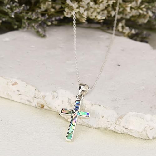 AeraVida Iridescent Cross of Faith Abalone Shell .925 Sterling Silver Necklace, 18 inch4