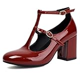  LarDorLin Cuir Verni Mary Jane Bloc Femme Chaussures Bout Rond Classique Chunky Pumps Boucle Salomés Soirée Talons Hauts Vin Rouge Taille 39 EU (40 CN)