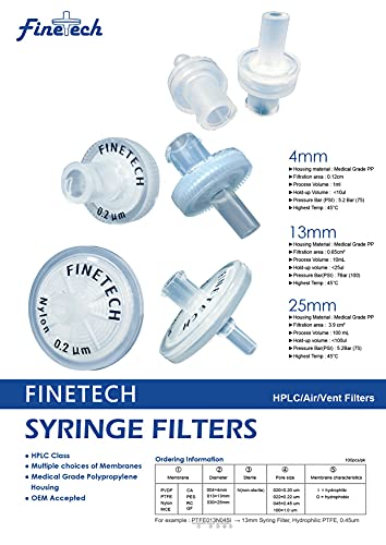 Image of Hydrophobic PTFE Syringe Filters 25mm Diameter 0.22μm Pore Size for Laboratory Filtration by Finetech (Pack of 100) Made in Taiwan (PTFE Hydrophobic 25mm 0.22um, 100)