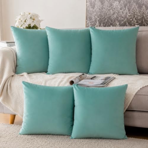 Image of Khooti Velvet Cushion Cover, 8 x 8 Inches / 20 x 20 cm | Teal Green | Pack of 5 | Solid Plain Soft, Decorative Cushion Covers for Living Room, Bedroom, Couches, Chairs, Sofas, Beds & Home Decor