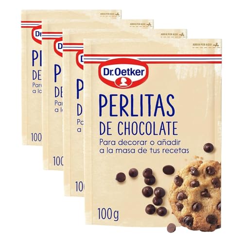 DR. OETKER - Perlitas de Chocolate 100 g, Pepitas de Chocolate Negro para Repostería y Pastelería, Textura Crujiente, Bolsa Doypack con Cierre Zip (Paquete de 4)
