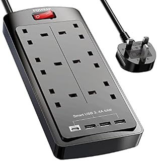 6 Way Extension Lead with 4 USB Slots (3.4A, 1 Type C and 3 USB-A Ports) ,POWSAF Power Strip Extension Cord with 6 Plug Extension Socket and 2M Extension Cable for Home Office Travel,Black