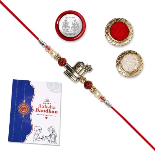 Image of Oblivion Rakhi For Brother Set of 1 - Elegant Mahadev Ji With Beads Thread Designer Rakhi with Tilak Set, Silver Colour Coin and Greeting Card - Traditional Raksha Bandhan Combo for Bhai (Pack of 4)