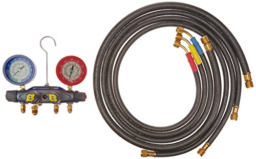 Manómetro digital de 4 válvulas Yellow Jacket Brute II modelo 46084, solo colector, 3 puertos de 3/8 pulgadas x 60 pulgadas, manómetro de líquido, escala bar/psi, para R-22