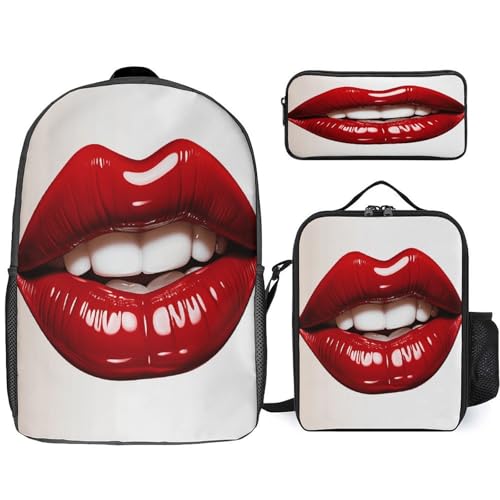 17-inch Backpack,Crossbody Lunch Bag,and Cosmetic Bags Suitable for Travel,business,casual,universal Cute Graphic Red Lips Print Travel Backpacks for Men And Women