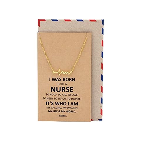 quan jewelry EKG Heartbeat Necklace, Lifeline Pulse Pendant, Female Nurse RN Nursing School Graduation Gifts with Greeting Card (Gold Tone) Cover