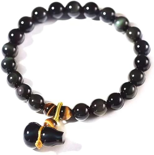 Lucky Bracelet, Feng Shui Black Obsidian Bracelet, for Women Men Natural Black Obsidian Wu Lou Calabash Gourd Rainbow Eye Tiger Eye Bracelet Attract Good Luck,8mm