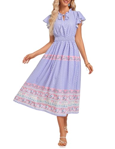 GRACE KARIN 2025 Damen Rundhals Langes Maxi Kleid Casual Lightweight A-Linie Fließendes Kleid mit Tasche Lila Blumen M