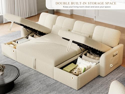 DWVO 105" Sectional Sofa Couch, 2 in 1 Sleeper Sofa Bed with Reversible Storage Chaise Pull Out Bed, U-Shape Sofa Bed for Living Room, Side Storage Pocket, Teddy Fleece, Beige